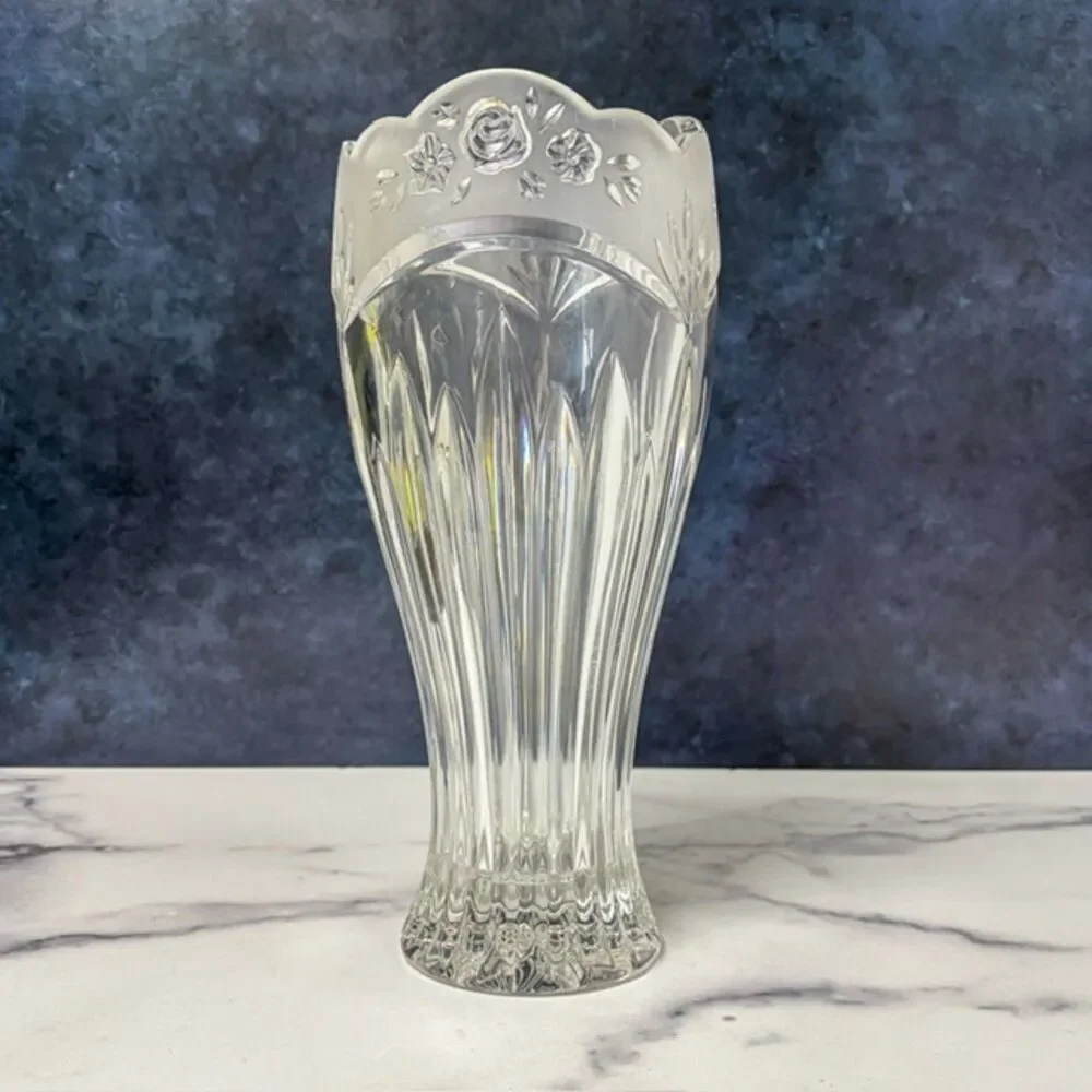 Heavy Clear Glass Vase Frosted Roses Scalloped Rim 10 in 4.3 lb